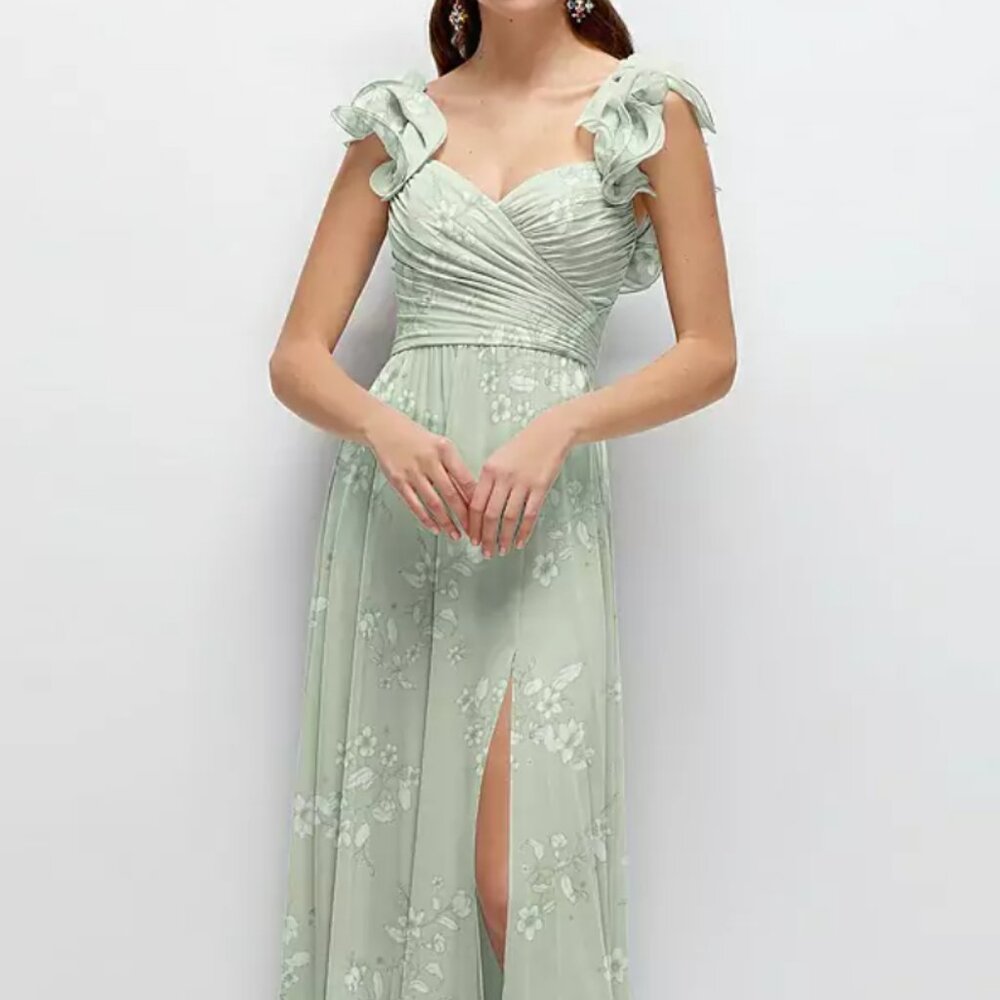 DESSY | Dramatic Ruffle Edge Strap Chiffon Maxi Dress in Vintage Primrose Sage